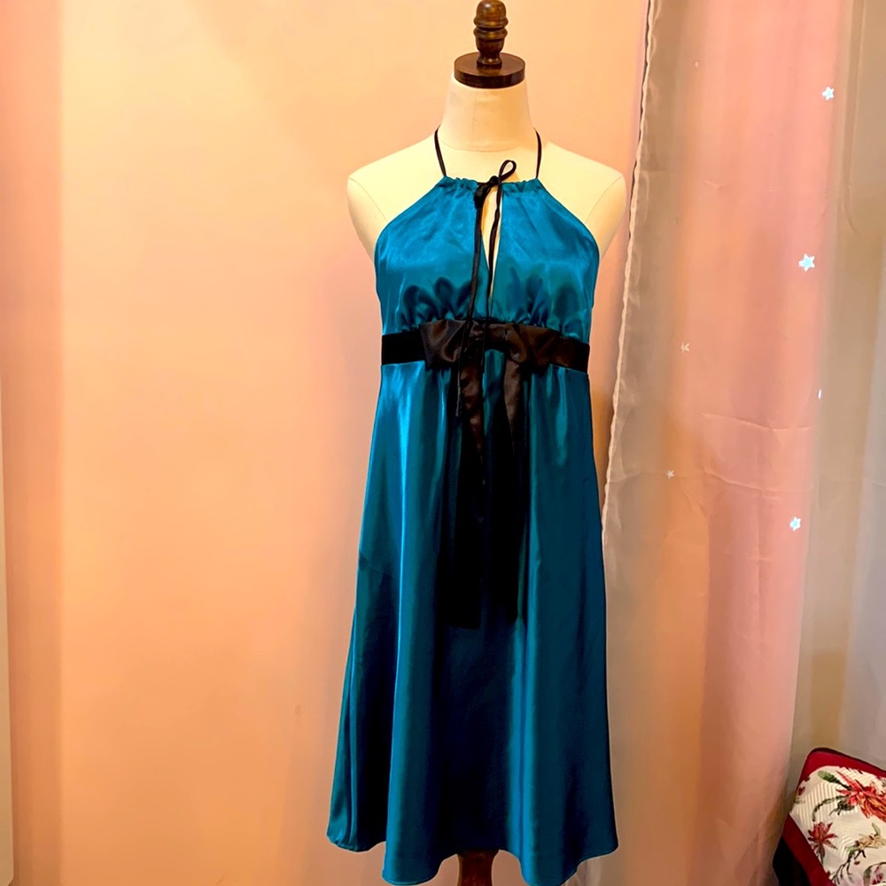 NWT JONATHAN MARTIN EMERALD GREEN TEAL SILK DRESS W/ BLACK RIBBON SIZE 13-14